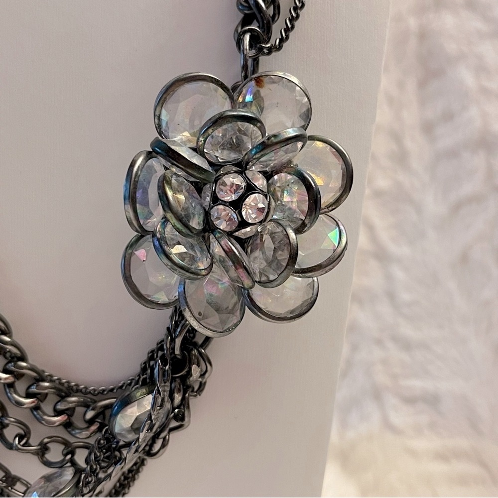 Vera Wang Multi-Strand Silver & Gunmetal Crystal Necklace With Rhinestone Flower - Picture 9 of 16